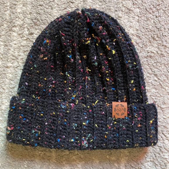 CozybySP HANDMADE Black Beanie Colorful Flecks, Crocheted Adjustable Slouchy Hat - Picture 4 of 4
